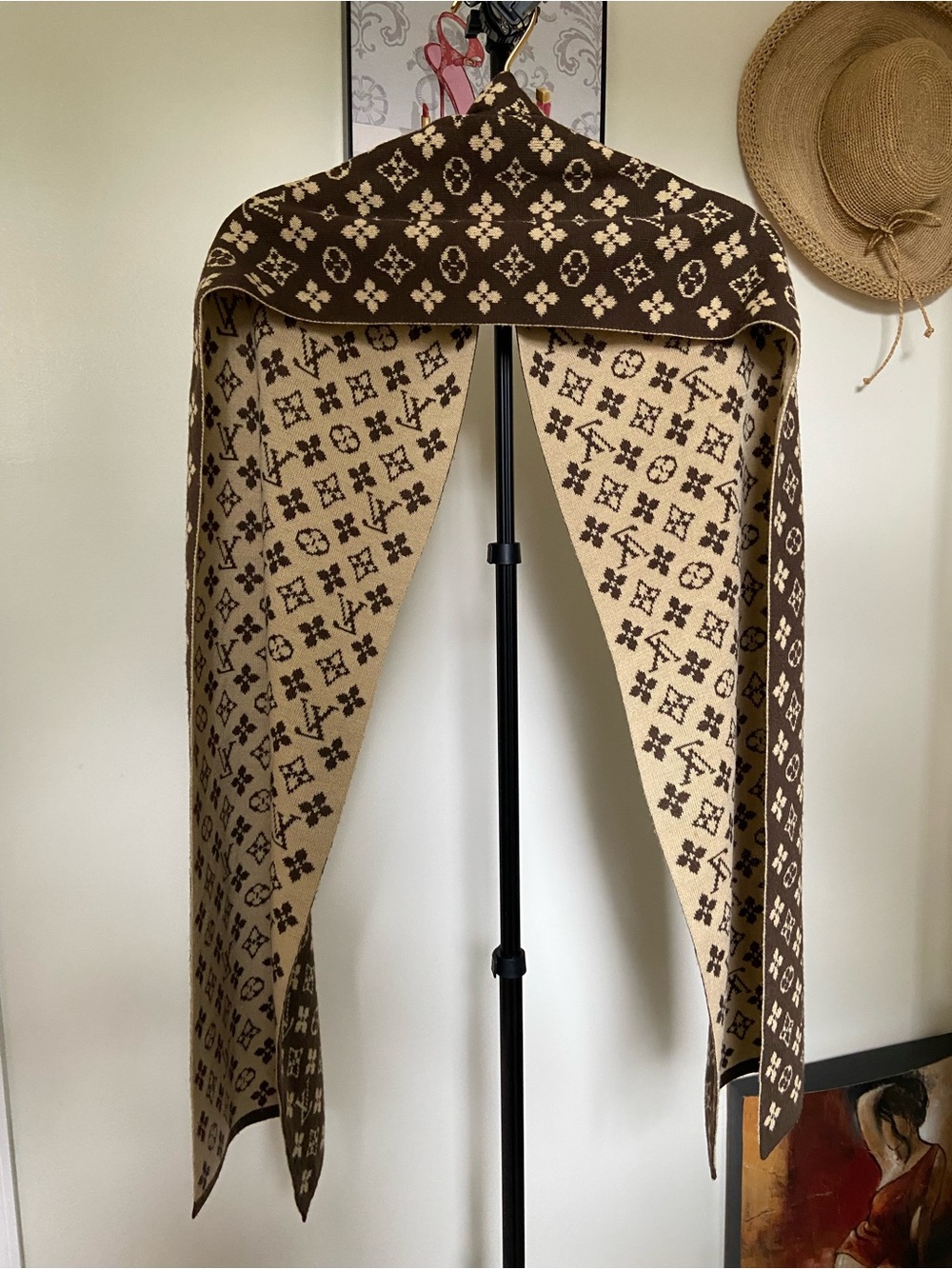 Luxury-Inspired Brown & Cream Monogram Scarf